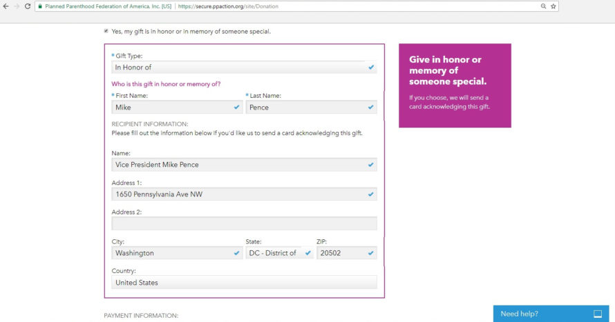 Planned Parenthood donation Mike Pence